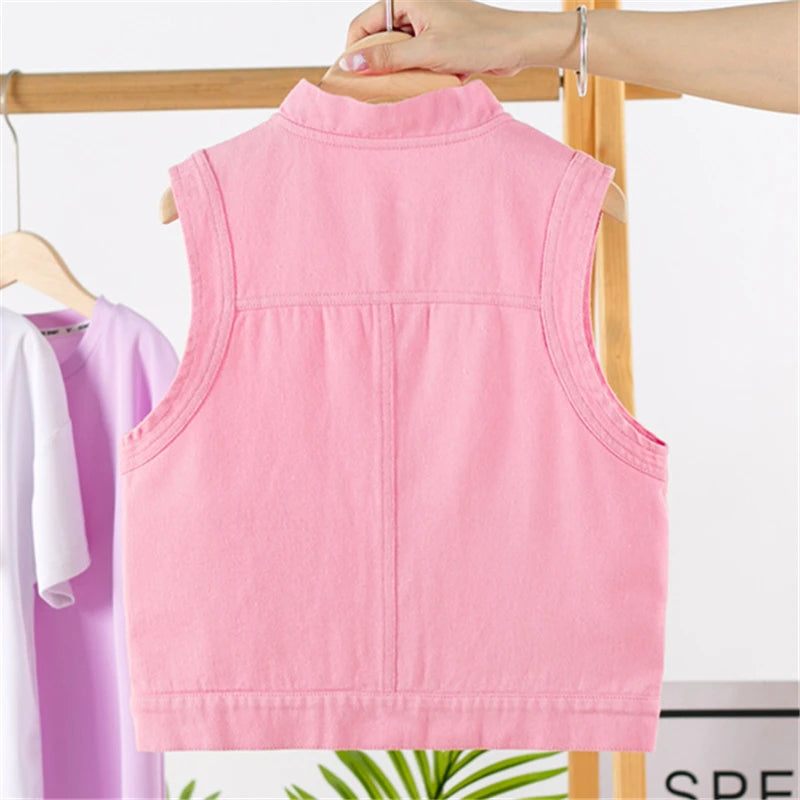 Toddler Children Pink Denim Vest Boy Girl Sleeveless Jacket Harajuku Kids Clothes Casual Waistcoat Vintage Fashion Outfit 2-9Y