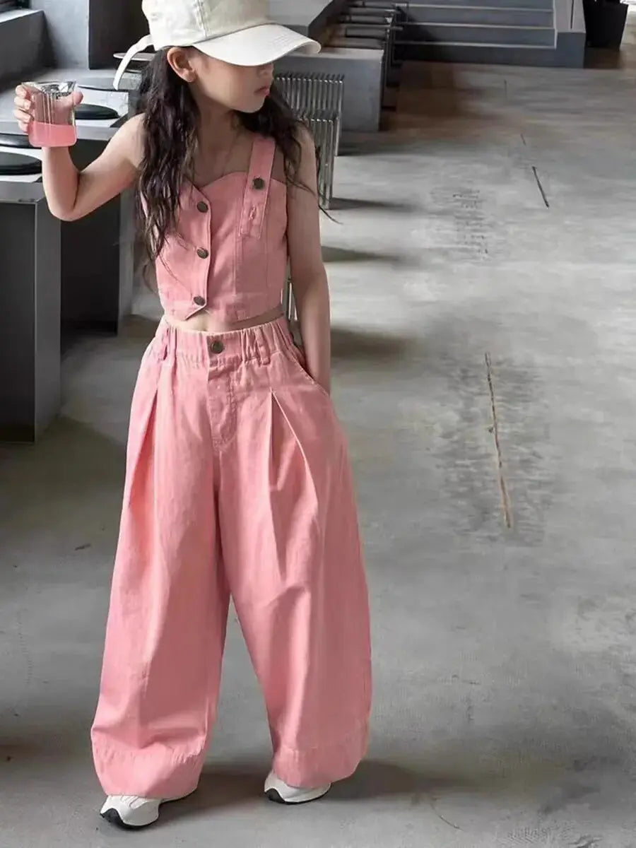 Children's Clothing Girls' Denim Suit Summer Wear Junior Girls Camisole Vest Loose Straight Leg Pants Two Piece Set Korean