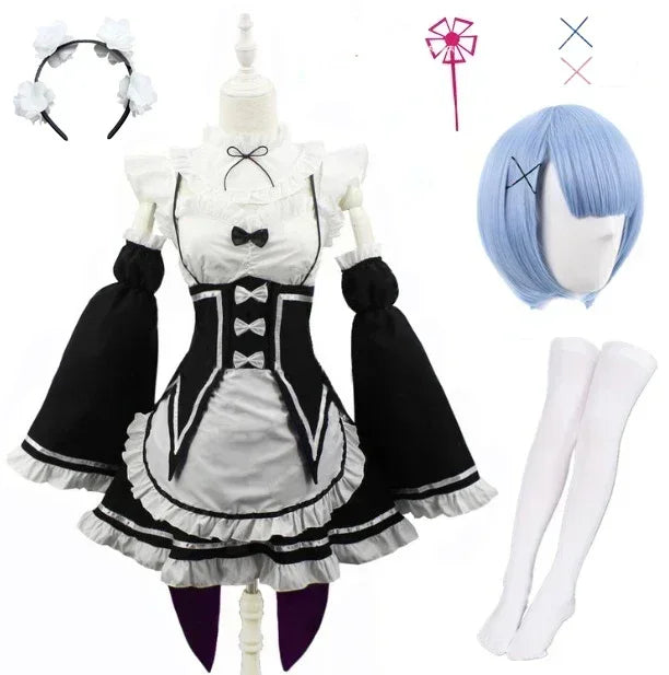 Anime Rem Cosplay Ram Costume Women Girls Maid Apron Dress