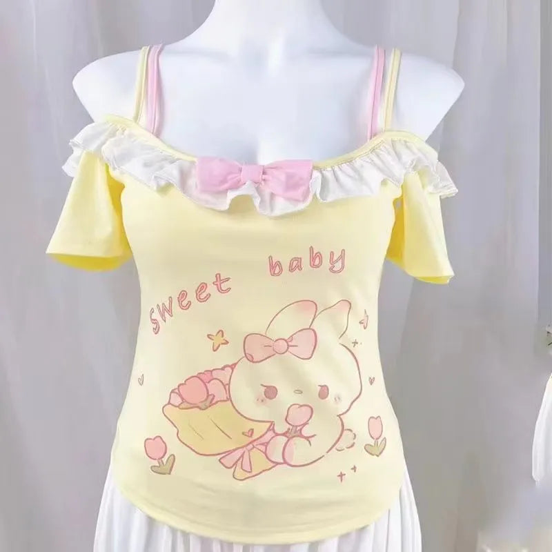 Women clothing T-shirt Y2k Cute Sweet Girls Short Sleeves Crop Top Harajuku Women Lolita Kawaii Cartoon Print ropa de mujer