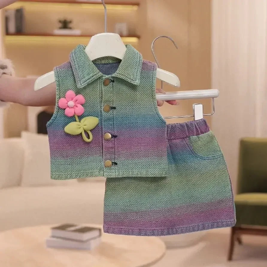 Children's Clothing Sets Blossom-Embroidered Corset Top + Prairie Denim Skirt Set Toddler Girl Clothes Baby Girl Outfit Set