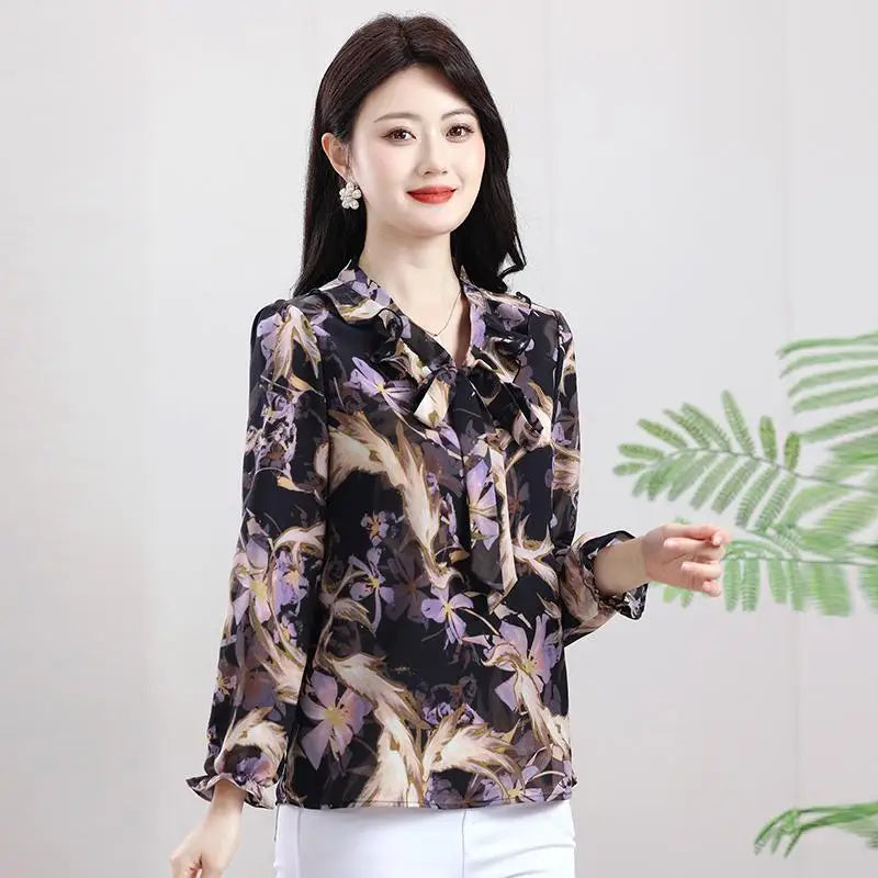 Women Blouse Casual Fashion Bow Ruffles Print Chiffon Blouse Shirt Spring and summer Long Sleeve Women Tops Blusa Mujer