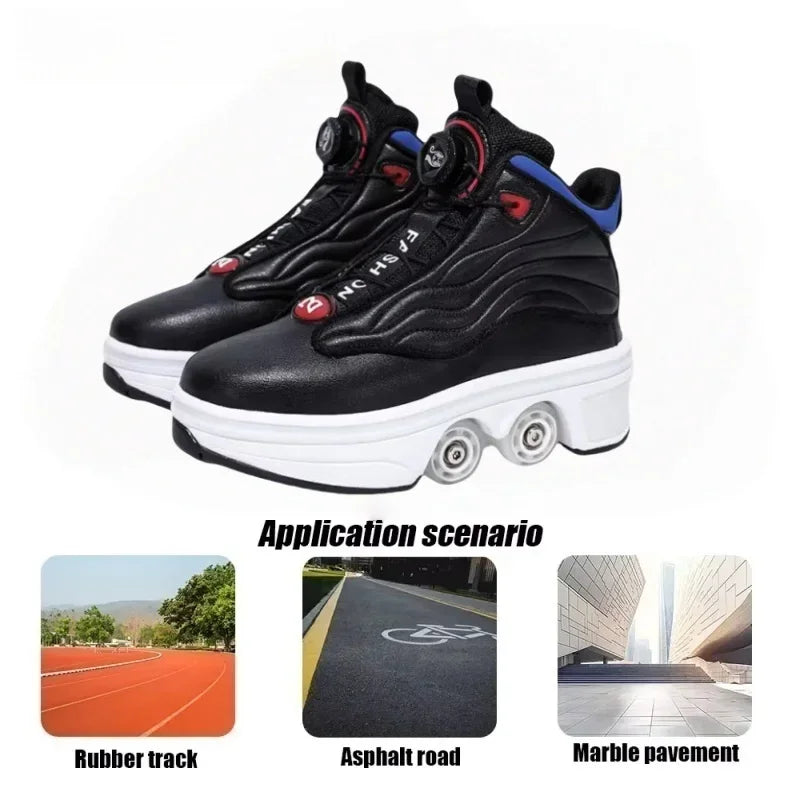 Roller Shoes Adult Unisex Retractable Four Wheels Walk Shoe Girls Boys Parkour Sneaker Stylish Skate 2 in 1 Removable Pulley