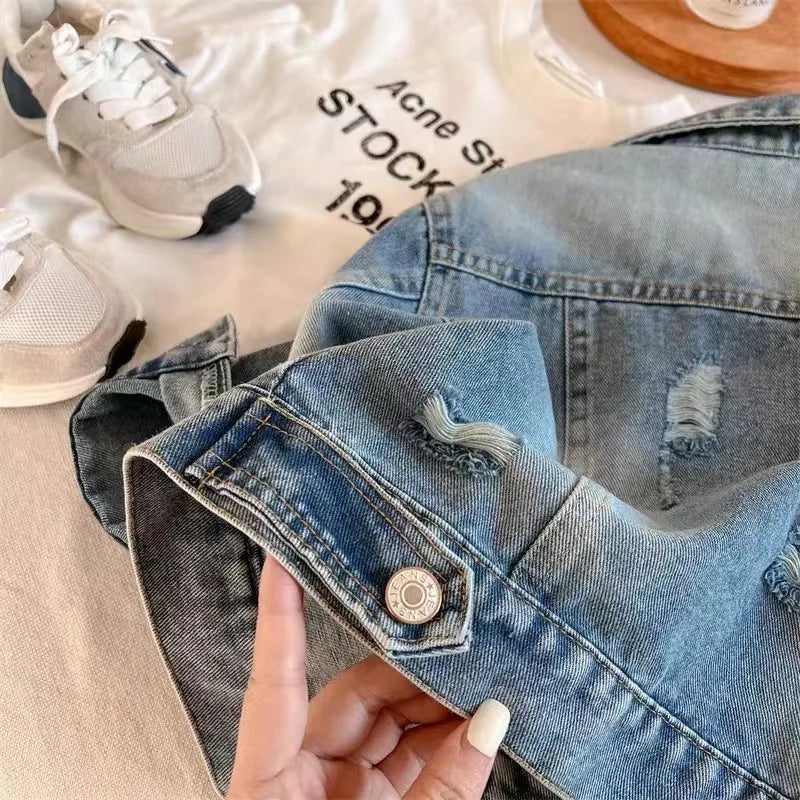 Children's Clothing Denim Jacket 2025 Autumn New Item for Boys and Girls Solid Color Ripped Denim Jacket Baby Versatile Top