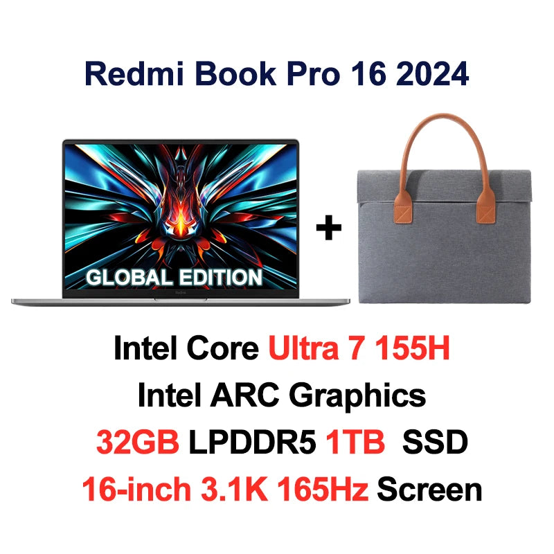 Xiaomi laptop 2024 RedmiBook Pro 16 Core Ultra 5-125H/Ultra 7-155H ARC Graphics 32GB DDR5 1TB SSD 16-inch 3.1K 165hz Screen Pc