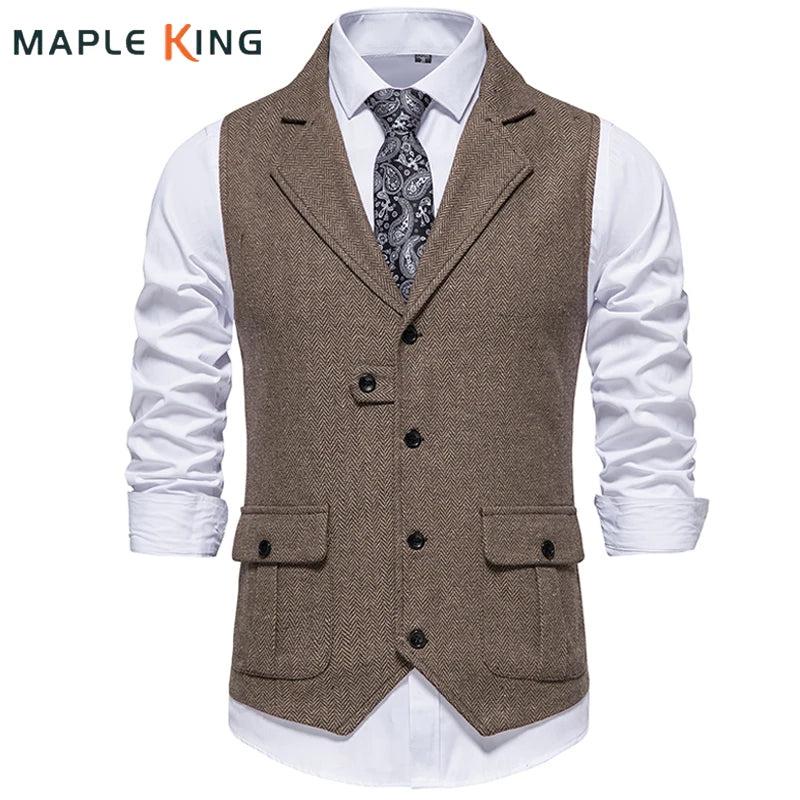 Costume Homme Vintage Suit Vest Men Herringbone Tweed Gentleman Elegant Wasitcoat Mens Business Formal Dress Vest Chaleco Hombre