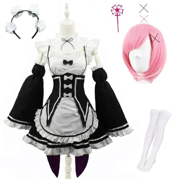 Anime Rem Cosplay Ram Costume Women Girls Maid Apron Dress