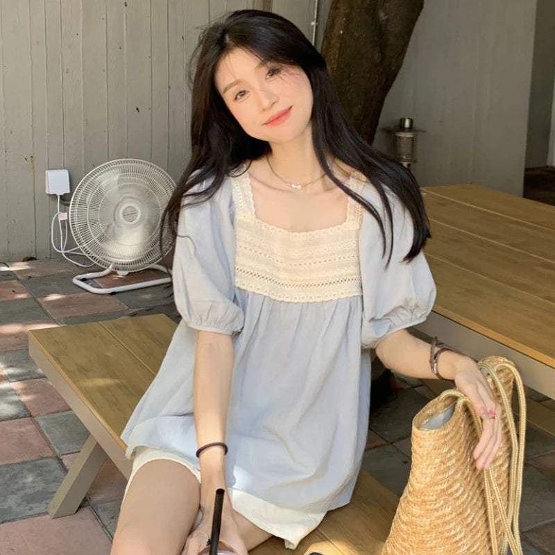 Blouses for Women Patchwork Lace Summer Lovely Aesthetic All-match Sweet Short Sleeve Korean Style Blusas Ropa Mujer Casual Tops