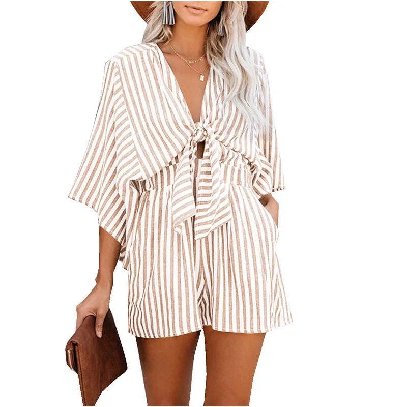 Womens Sexy Deep V-neck Romper Summer Loose Stripe Playsuit Ladies Fashion Holiday Pants Beach Lace Up Jumpsuit Ropa Mujer 2024