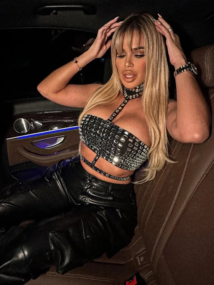 Sexy Women Edgy Clothes Y2k Accessories Beading Hot Crop Top Neck-Mounted Rave Club Outfits Bandage Camison Verano Ropa De Mujer