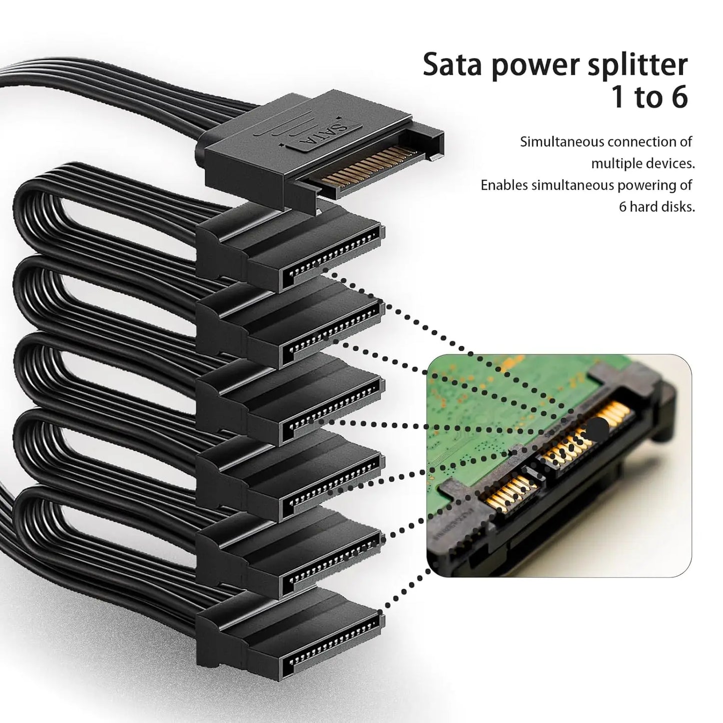 Sata Power Splitter Cable 6 Way, 15 Pin SATA to 1 To5/6 for HDD、SSD、Optical Drives, sata Power Connector Supply Extension Cabl