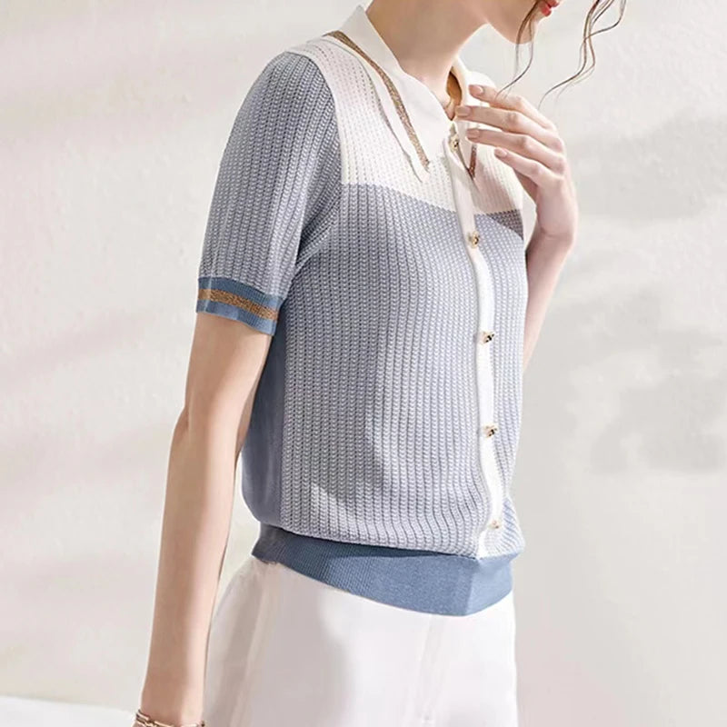 Ropa De Mujer 2024 Summer Casual Tees Patchwork Knitted Tops Women Turn Down Collar Loose T Shirt Female Short Sleeve Tshirts