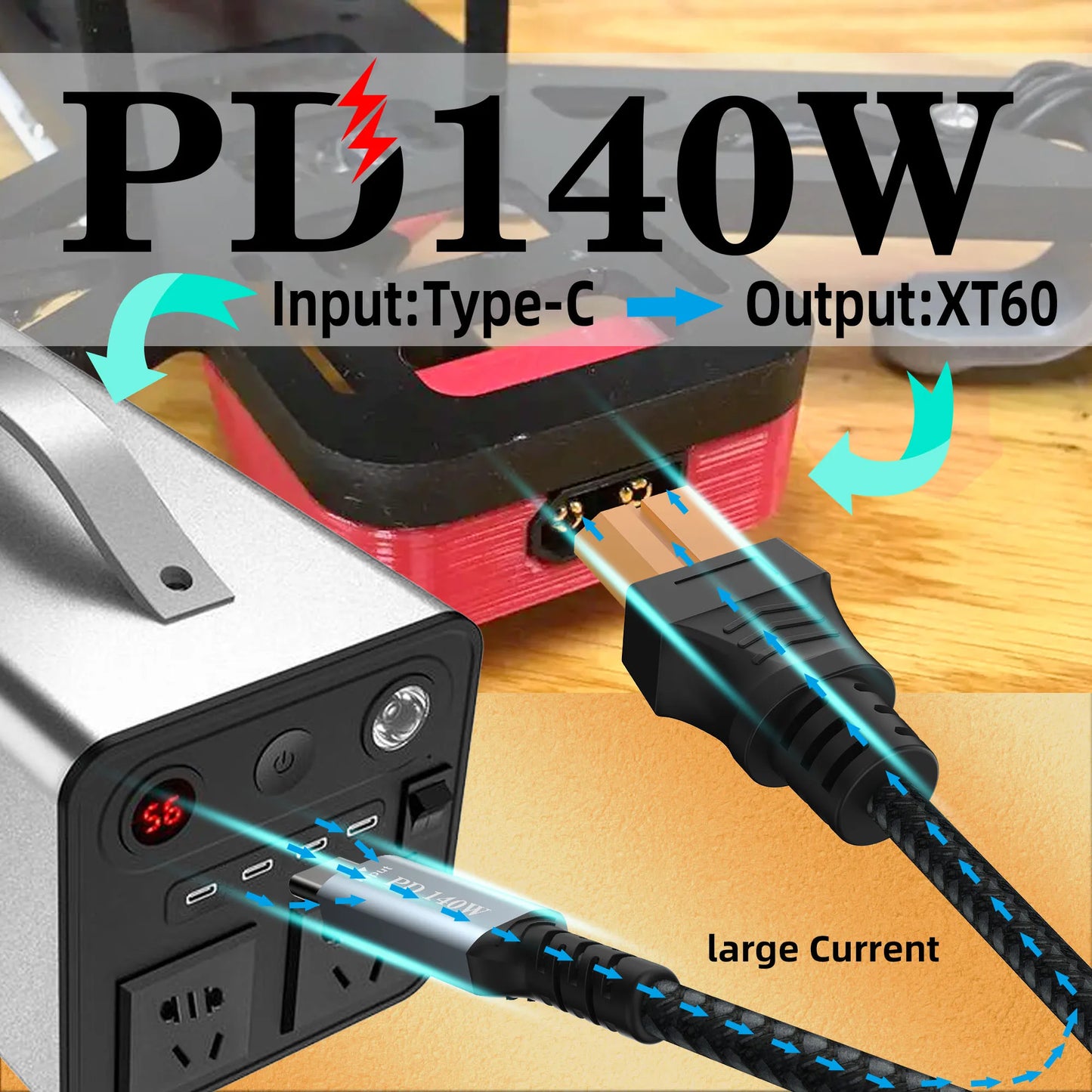 Type C to XT60 adapter cable, USB C to XT60 charging cable, USB C male to XT60 female cable, PD 140W charging cable