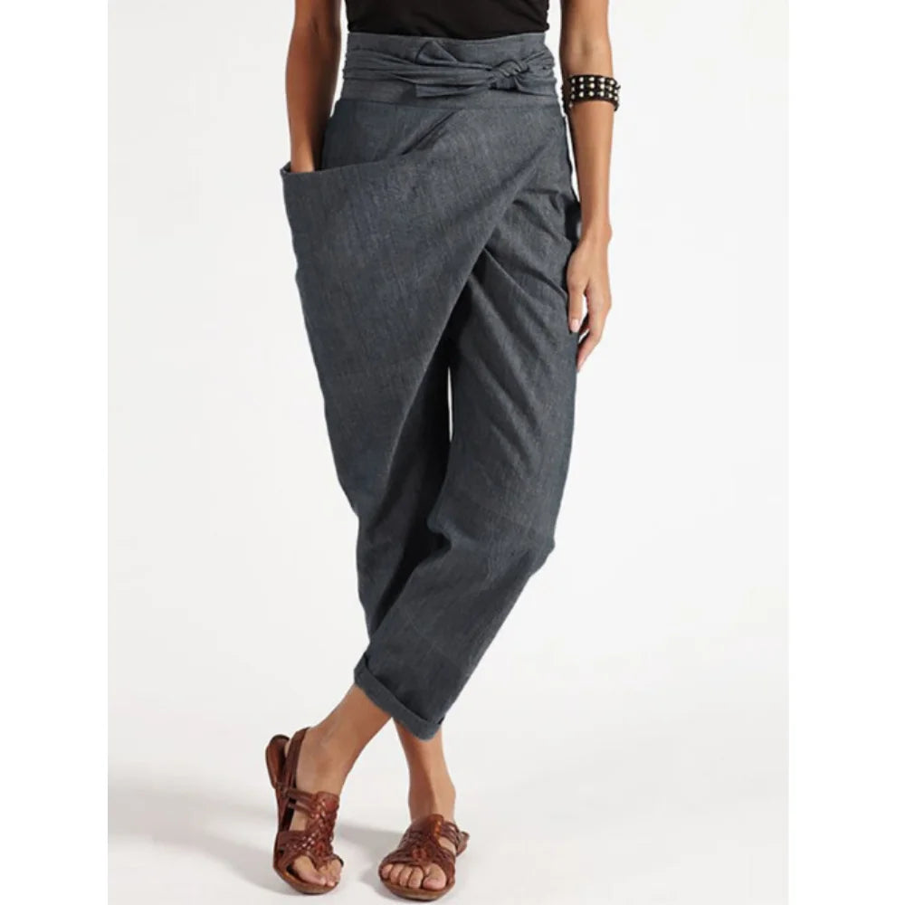 Women's Wide Leg Pants women Trousers Elastic Waist Cargo Casual Pants With Band Irregular lace up cropped pants ropa mujer