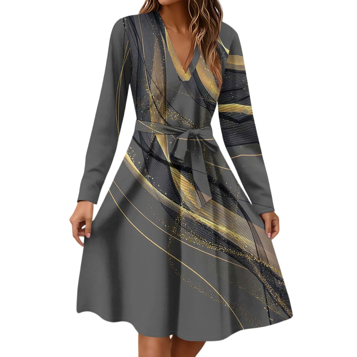Women'S Fashion Casual V-Neck Long Sleeve Waist Floral Print Midi Dress Vestidos Para Mujer Female Dress Y2k Traf Roupas Feminin