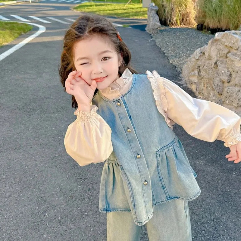 Children's Clothing Sets Girls Denim Vest + Long Sleeve Shirt + Wide Leg Pants Three-piece Suit Toddler Kids Boutique Clothes