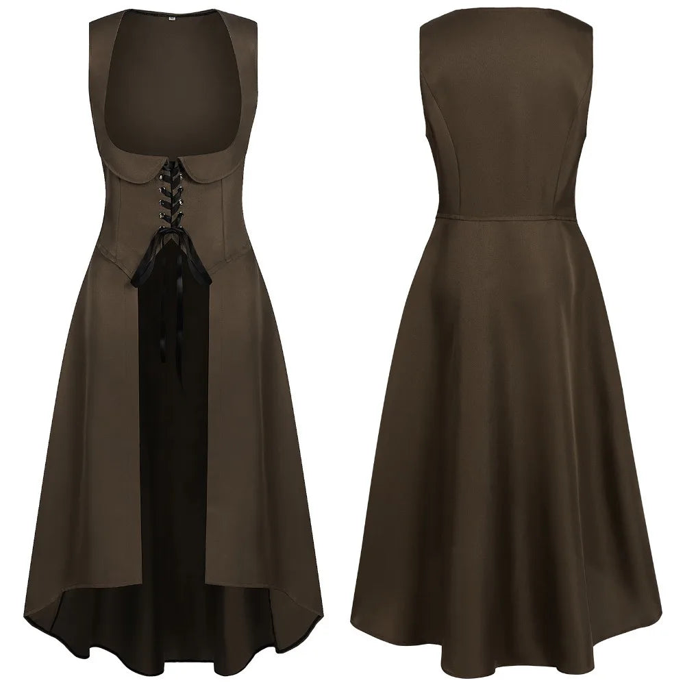 Women Renaissance Dress Peasant Pirate Medieval Tight Waist Apron High Low Dress