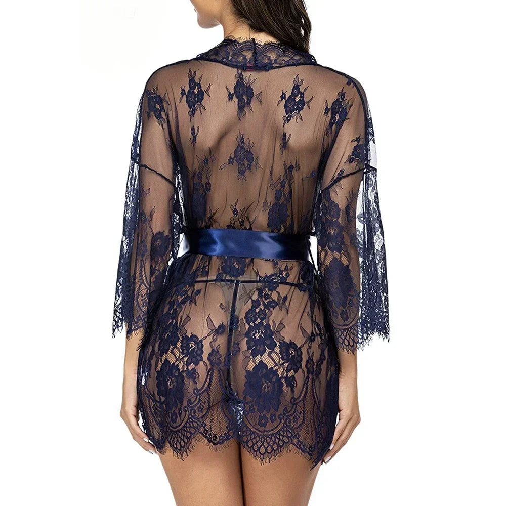 Sexy Lace Robe Dress+G String Thongs Women Erotic Transparent Sleepwear Pajamas Lace Nightdress Mujer Pornos Costumes Underwear