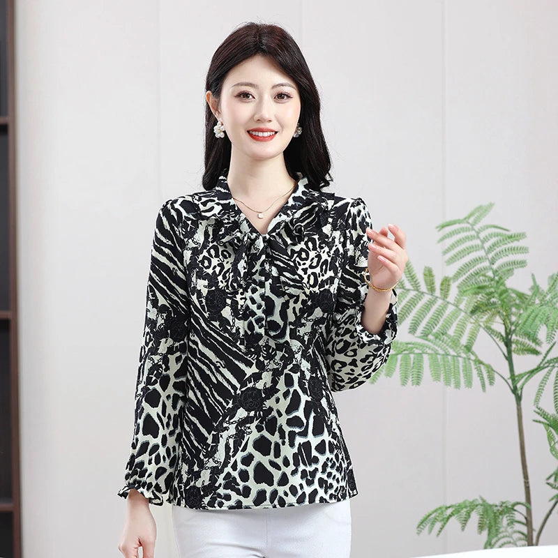 Women Blouse Casual Fashion Bow Ruffles Print Chiffon Blouse Shirt Spring and summer Long Sleeve Women Tops Blusa Mujer