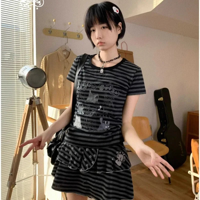 2025 Ropa Mujer Cat Print Cute Striped Woman Tshirts Summer Korean Fashion Tees Casual Japanese T-shirt Y2k Tops Women Clothes