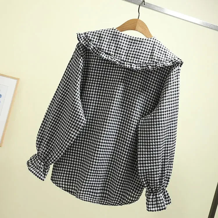 Women Blouse Spring Black White Plaid Long Sleeve Loose-Fitting Shirt Coat Top Blusas Ropa De Mujer