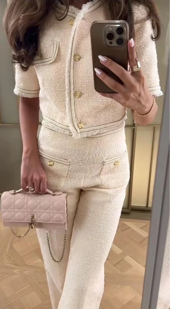 2025 Women's two-piece trouser suits with short sleeves, short jackets or slim-fitting elegant trousers