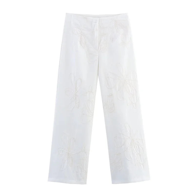 Women's suit New Summer 2025 White Camisole Wide-leg Pants Set Embroidered Trim Sexy Casual Personality Fashion