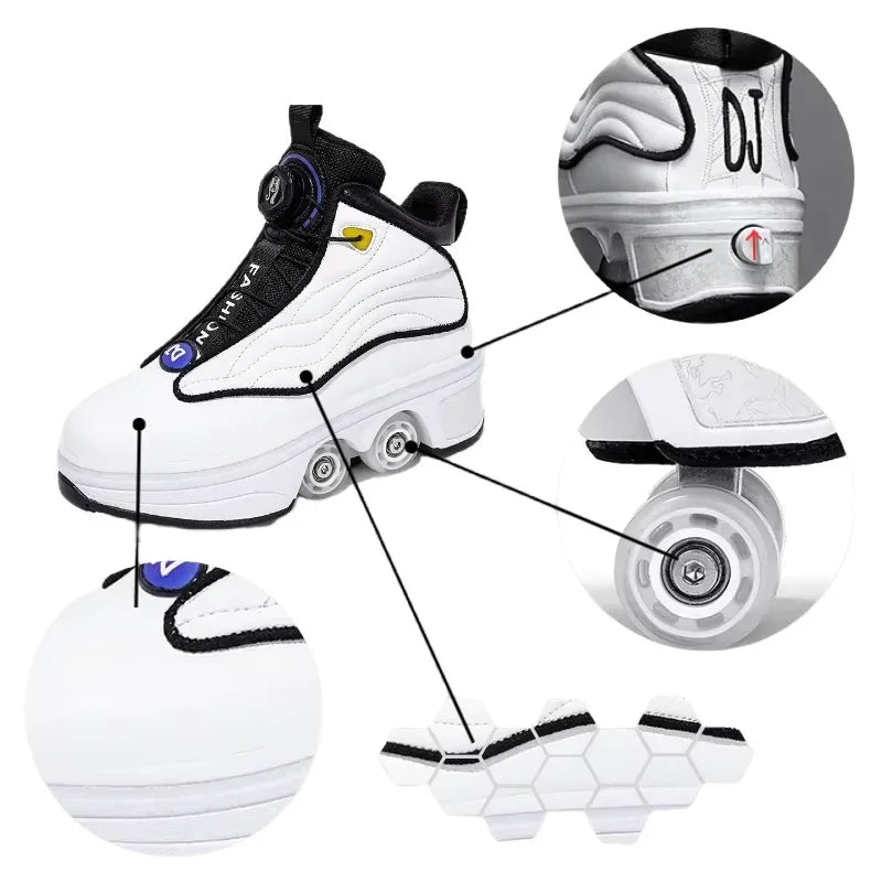 Roller Shoes Adult Unisex Retractable Four Wheels Walk Shoe Girls Boys Parkour Sneaker Stylish Skate 2 in 1 Removable Pulley