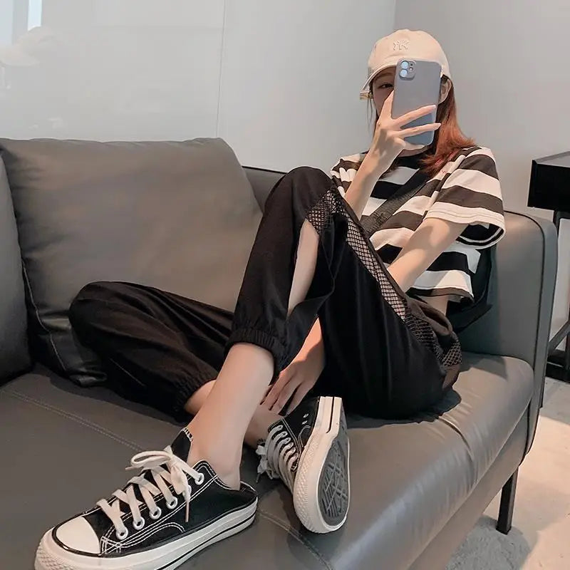 Woman Cropped Trousers Ice Silk Summer Sweat Home Sports Pants for Women Joggers Jogging Fashion Harem Sarouel Sweatpants Ripped