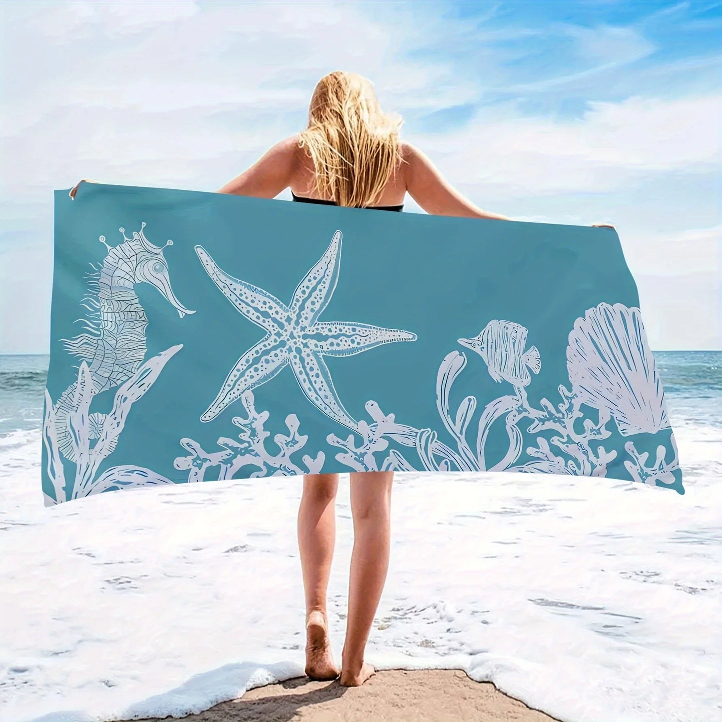 Beach Towel White Marine Life Pattern Sun Protection Windproof Suitable For Beach Pool Camping Travel Beach Blanket