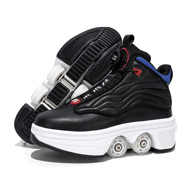 Roller Shoes Adult Unisex Retractable Four Wheels Walk Shoe Girls Boys Parkour Sneaker Stylish Skate 2 in 1 Removable Pulley