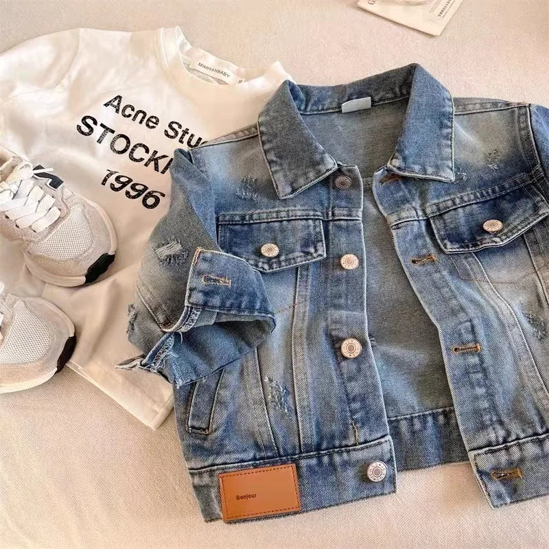 Children's Clothing Denim Jacket 2025 Autumn New Item for Boys and Girls Solid Color Ripped Denim Jacket Baby Versatile Top
