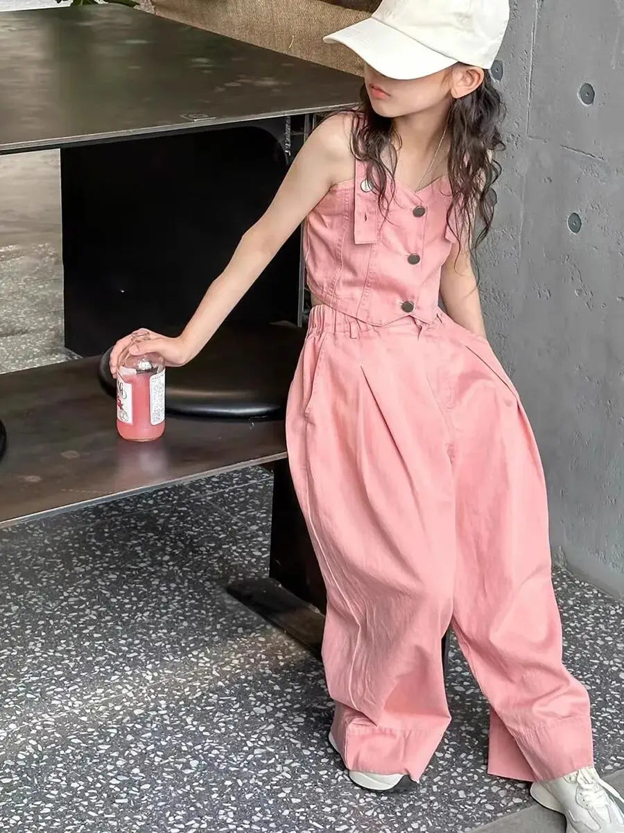 Children's Clothing Girls' Denim Suit Summer Wear Junior Girls Camisole Vest Loose Straight Leg Pants Two Piece Set Korean