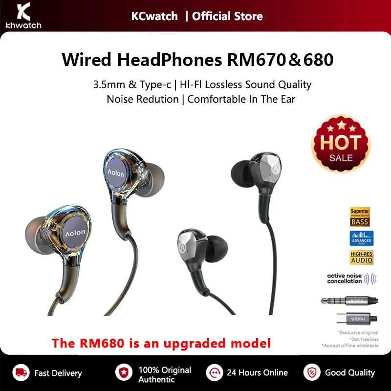 KHwatch RM680＆670 Wired Earphone HiFi Headset 3.5mm＆Type-C Music Earbuds Sport Headphone Bass Stereo Gaming Live Karaoke WithMic