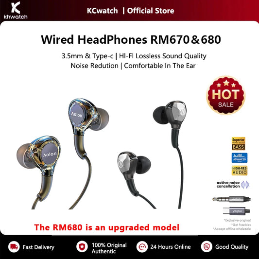 KHwatch RM680＆670 Wired Earphone HiFi Headset 3.5mm＆Type-C Music Earbuds Sport Headphone Bass Stereo Gaming Live Karaoke WithMic