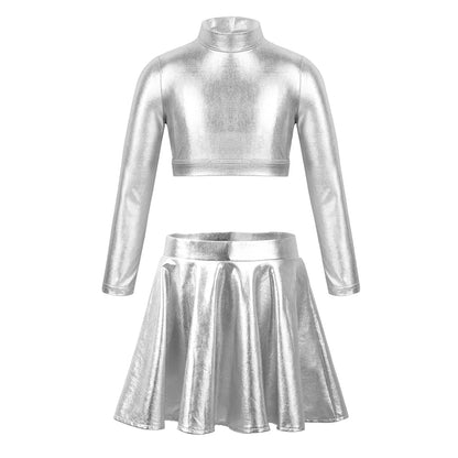 Children Clothing Girl Metallic Sleeveless Tops Flared Pleated A-Line Mini Short Skirt Kids Outfits 2pcs Clothes Set Dance Wear