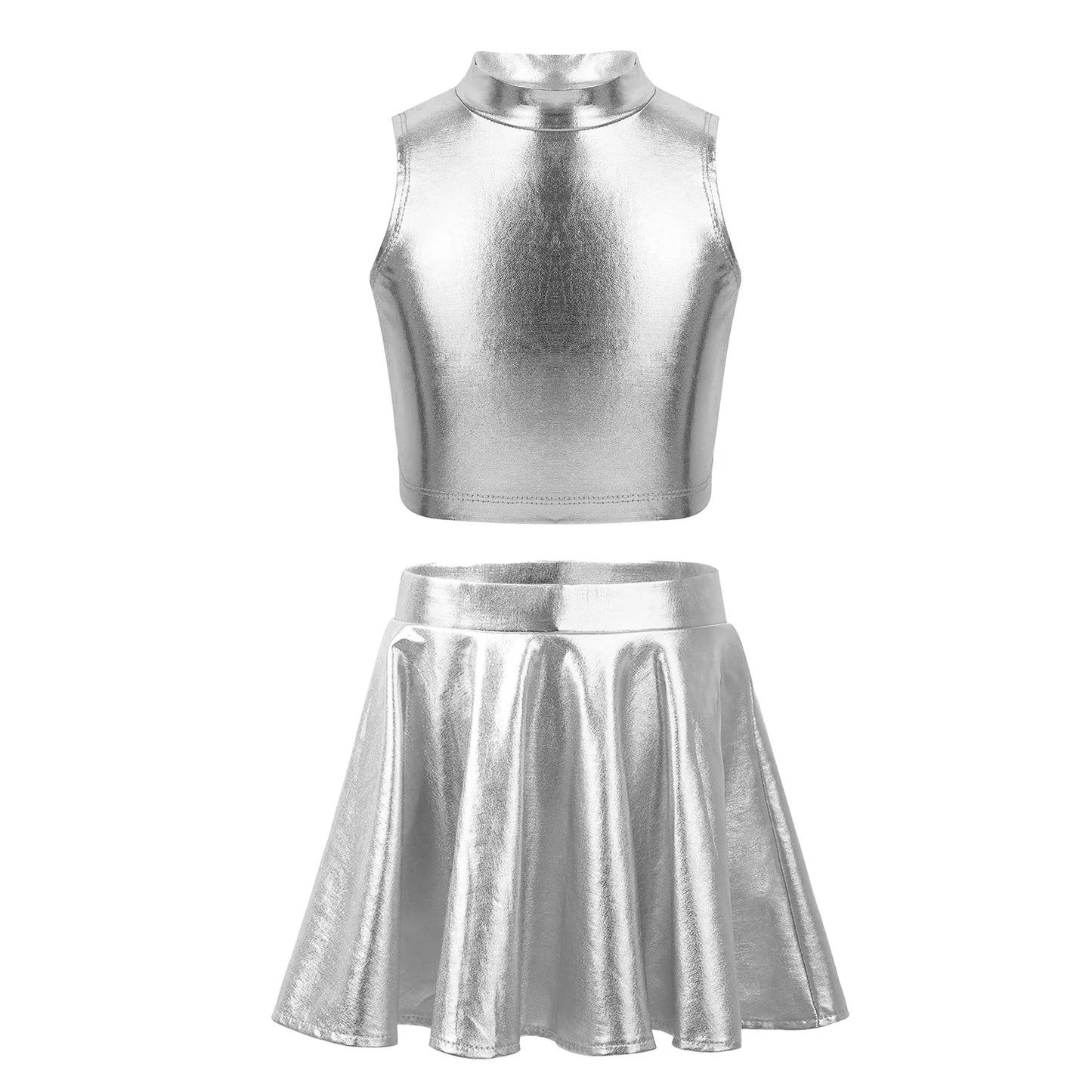 Children Clothing Girl Metallic Sleeveless Tops Flared Pleated A-Line Mini Short Skirt Kids Outfits 2pcs Clothes Set Dance Wear