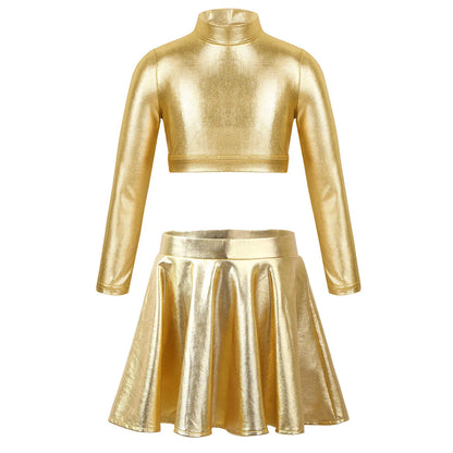 Children Clothing Girl Metallic Sleeveless Tops Flared Pleated A-Line Mini Short Skirt Kids Outfits 2pcs Clothes Set Dance Wear