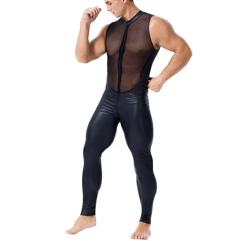 Hot Exotic Apparel for Man Wet Look Sexy Long Pants Short Sleeve Catsuit Leather Men Mesh Bodysuit Gay Costume Plus Size S-XXL
