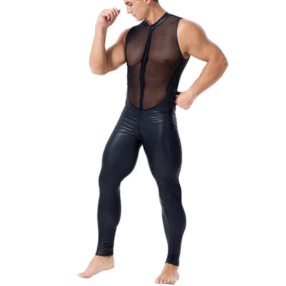 Hot Exotic Apparel for Man Wet Look Sexy Long Pants Short Sleeve Catsuit Leather Men Mesh Bodysuit Gay Costume Plus Size S-XXL