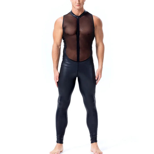 Hot Exotic Apparel for Man Wet Look Sexy Long Pants Short Sleeve Catsuit Leather Men Mesh Bodysuit Gay Costume Plus Size S-XXL