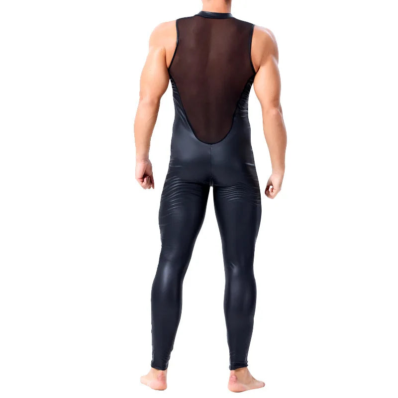 Hot Exotic Apparel for Man Wet Look Sexy Long Pants Short Sleeve Catsuit Leather Men Mesh Bodysuit Gay Costume Plus Size S-XXL