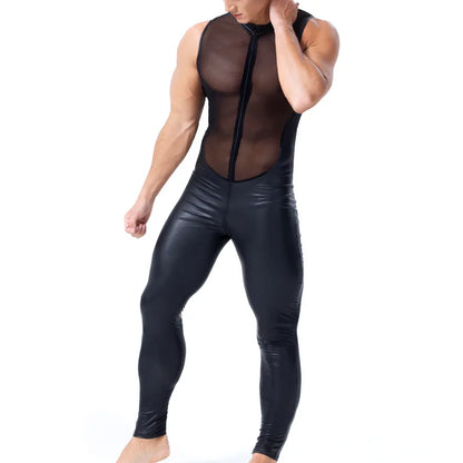 Hot Exotic Apparel for Man Wet Look Sexy Long Pants Short Sleeve Catsuit Leather Men Mesh Bodysuit Gay Costume Plus Size S-XXL
