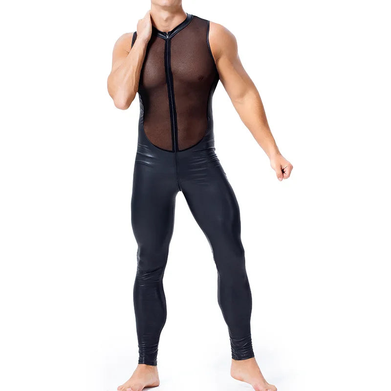 Hot Exotic Apparel for Man Wet Look Sexy Long Pants Short Sleeve Catsuit Leather Men Mesh Bodysuit Gay Costume Plus Size S-XXL