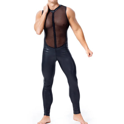 Hot Exotic Apparel for Man Wet Look Sexy Long Pants Short Sleeve Catsuit Leather Men Mesh Bodysuit Gay Costume Plus Size S-XXL