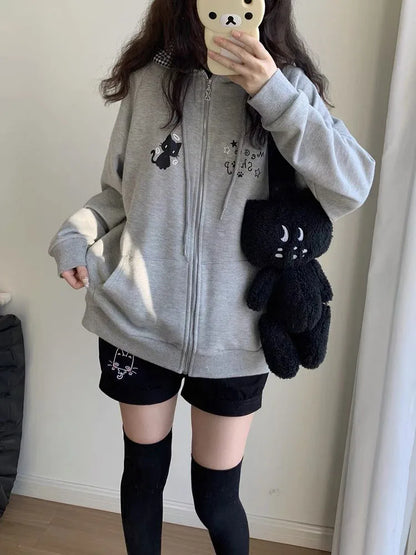 Ropa Mujer Japanese Cute Hoodies Coats Cute Cat Print Hooded Sweatshirts Y2K Tops Women Clothing Casual Zipper Loose Hoodie