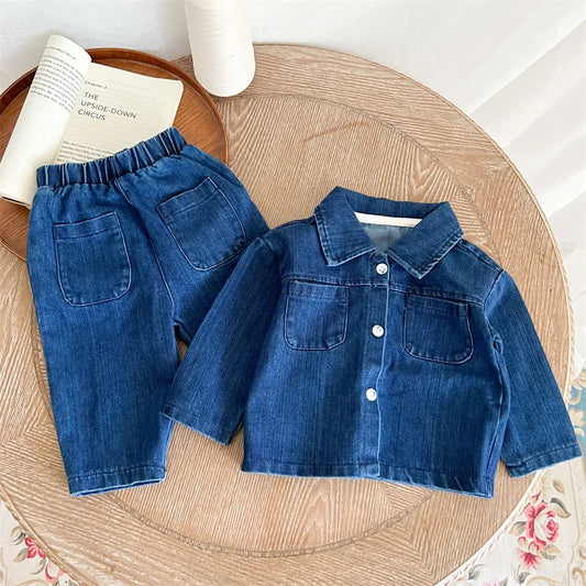 Children's suit spring and autumn boys and girls long-sleeved denim shirt jacket trousers two-piece baby top denim suit