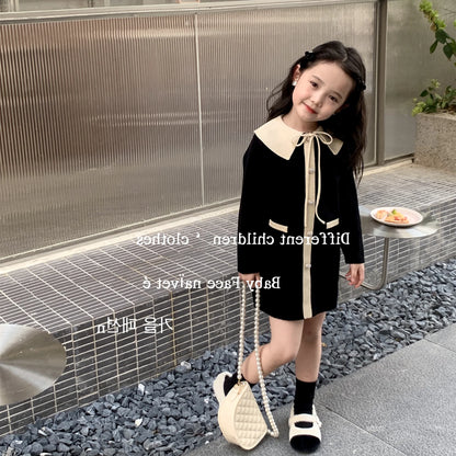 Children Girl Knitwear Dress Autumn Turn Down Collar Elegant Infant Baby Girl Dress Loose Casual Single Breasted Kids Girl Dress