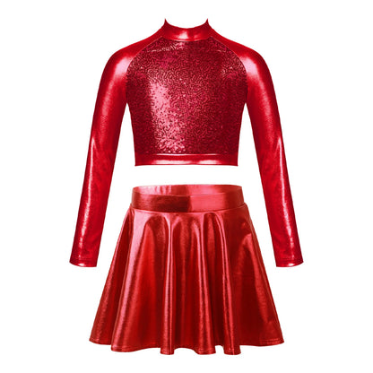 Children Clothing Girl Metallic Sleeveless Tops Flared Pleated A-Line Mini Short Skirt Kids Outfits 2pcs Clothes Set Dance Wear