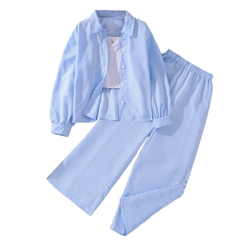 Kids Costume Suit For 4-12 Years Girls Pink Striped Long Sleeve Lapel Cardigan Shirt & Pants Daily Causal Style Comfortable Suit